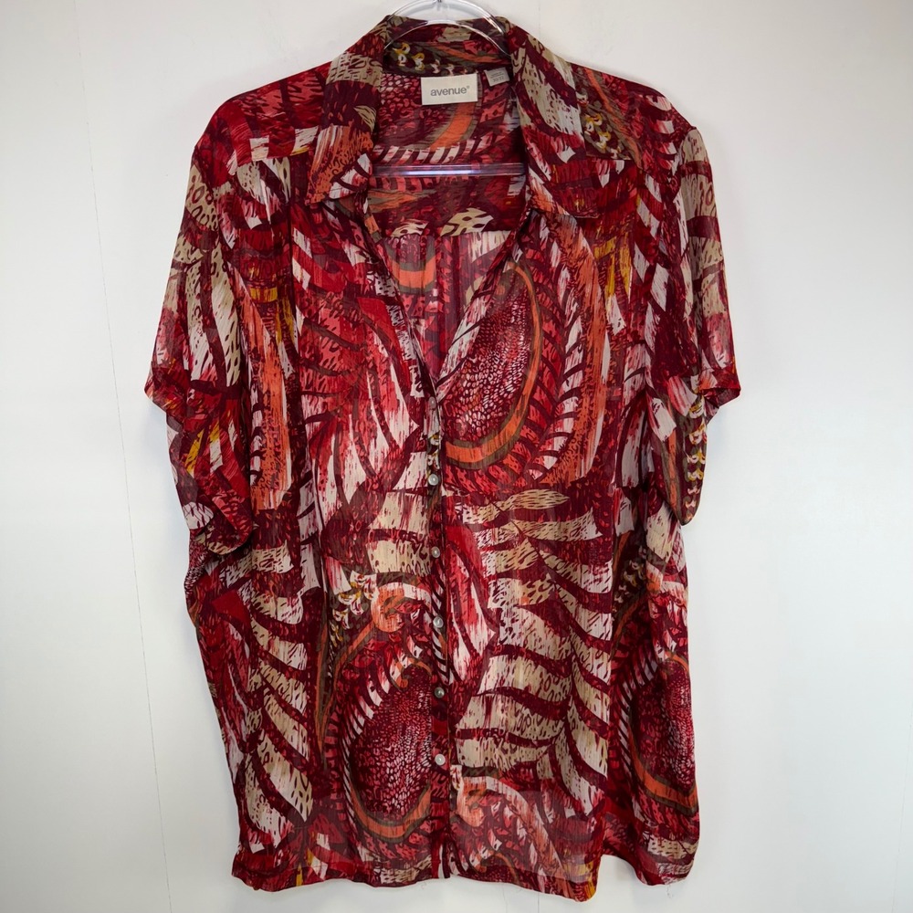 Avenue Sheer Button Blouse Top Abstract Print 30/32 Artsy Dark Tropical Vacation